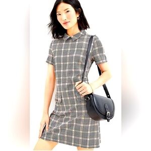 LOFT Plaid Ponte Button Pocket Dress Mod Collar houndstooth Classic Retro small